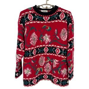 Express Vintage 80s Hand Knit Floral Sweater Chunky Oversized XS S M Cottagecore
